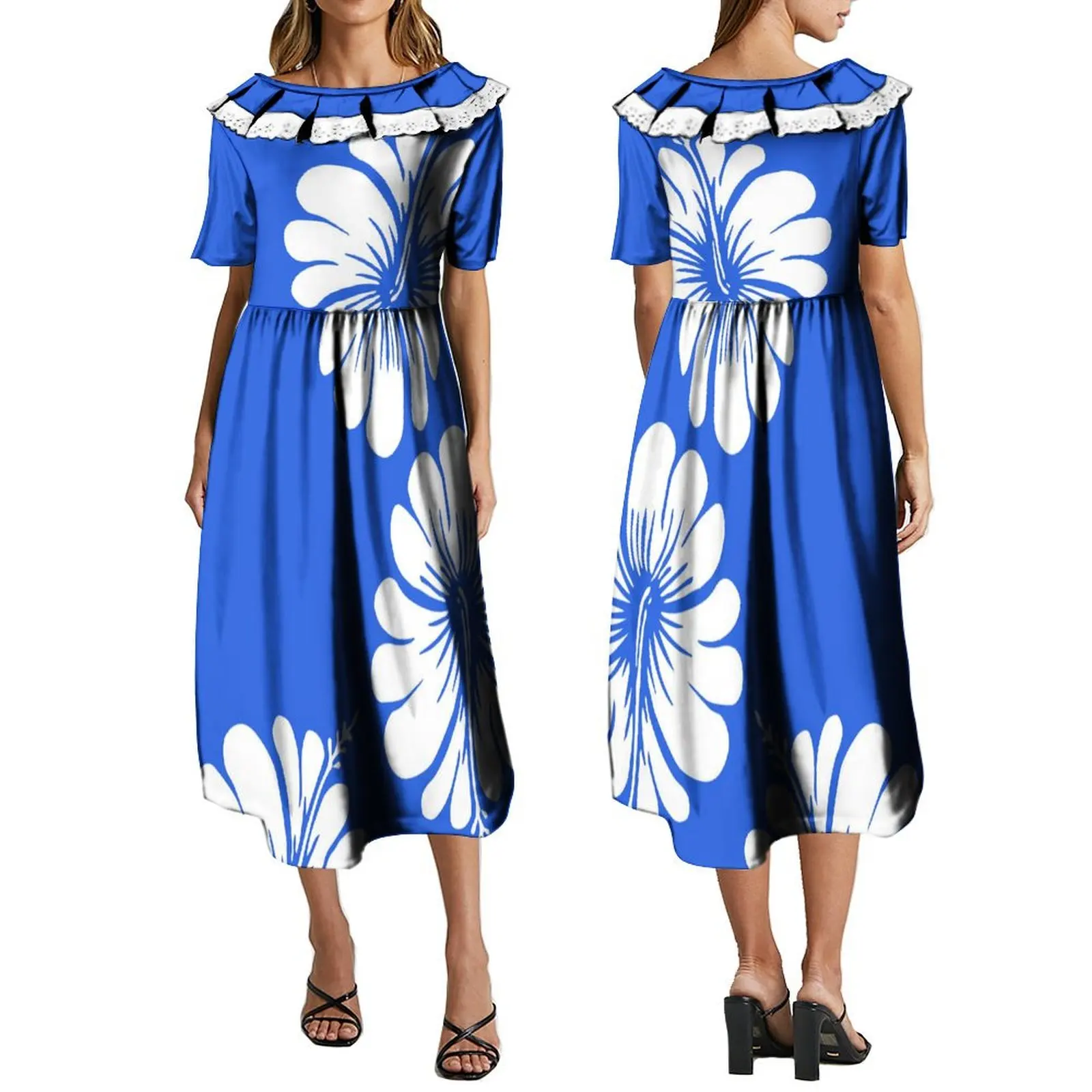 

Blue Polynesian Elegant Women Dress Hawaii Ruffle Design Long Dress MUMU Samoan Ethnic Tribal Style Clothing