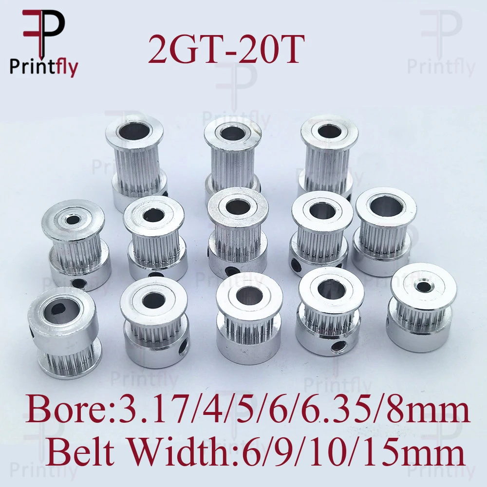 Printfly 2GT 20 teeth 2GT Timing Pulley Bore 3.175/4/5/6/6.35/8mm for GT2 Open Synchronous belt width 6mm/10mm/15mm 3d printer