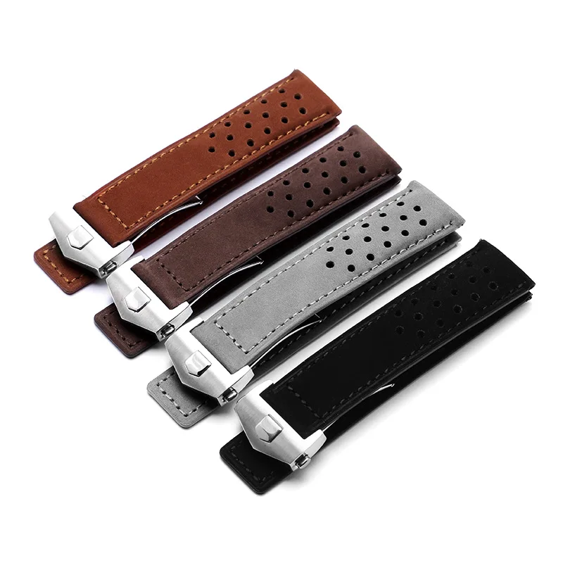 Watchband For TAG Heuer Men\'s Frosted Air Hole Leather Folding Buckle, 20mm 22mm 24 Grey Black Brown Genuine Leather Watch Strap