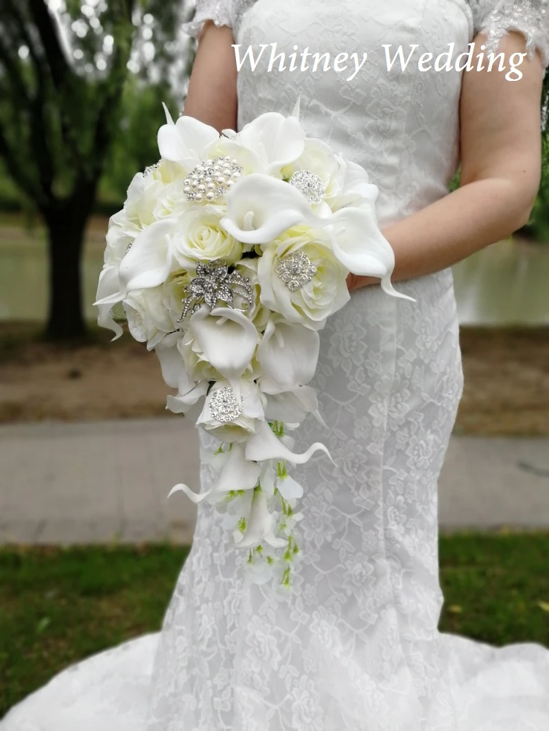 New Waterfall Ivory Cascading Flowers Calla Bridal Bouquets Artificial Pearls Crystal Wedding Bouquets Bouquet De Mariage Rose wedding bouquets,wedding flower decoration