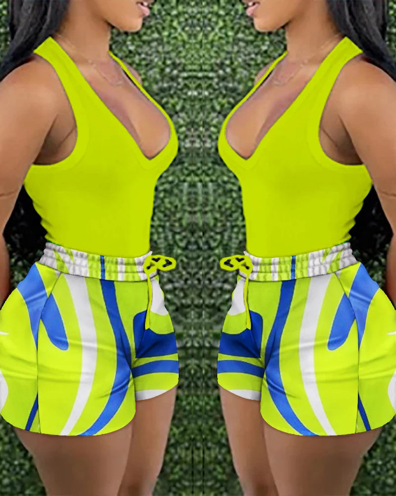 

2022 Summer New Lady Clothing Femme Casual Solid Sleeveless Tank Top Women Two Pieces SetAll Over Print Drawstring Shorts Set