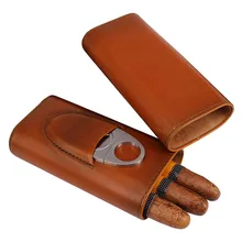 

New Three-Finger Portable Cigar Humidor Brown and Black Two Choices Cowhide Material Leather Case with Silver Cigar Cutter