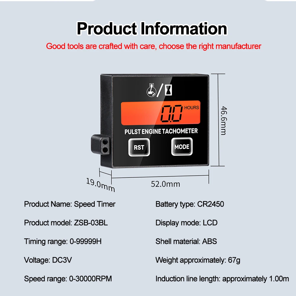 Tachometer Meter Digital Speedometer Chainsaw Tachometer Waterproof Inductive Hour Meter for Mower Tractor Replaceable Battery