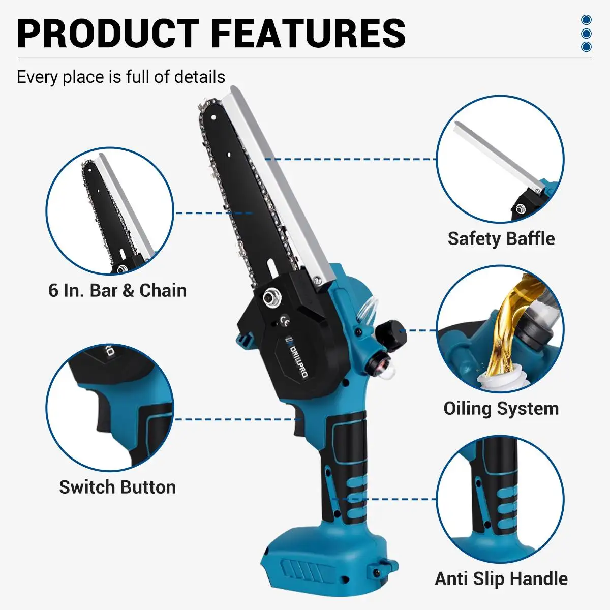 Drillpro 6 인치 3000W 브러시리스 전기 가지 치기 톱 오일러 Makita 18V 배터리 용 휴대용 무선 톱 목공 전동 공구