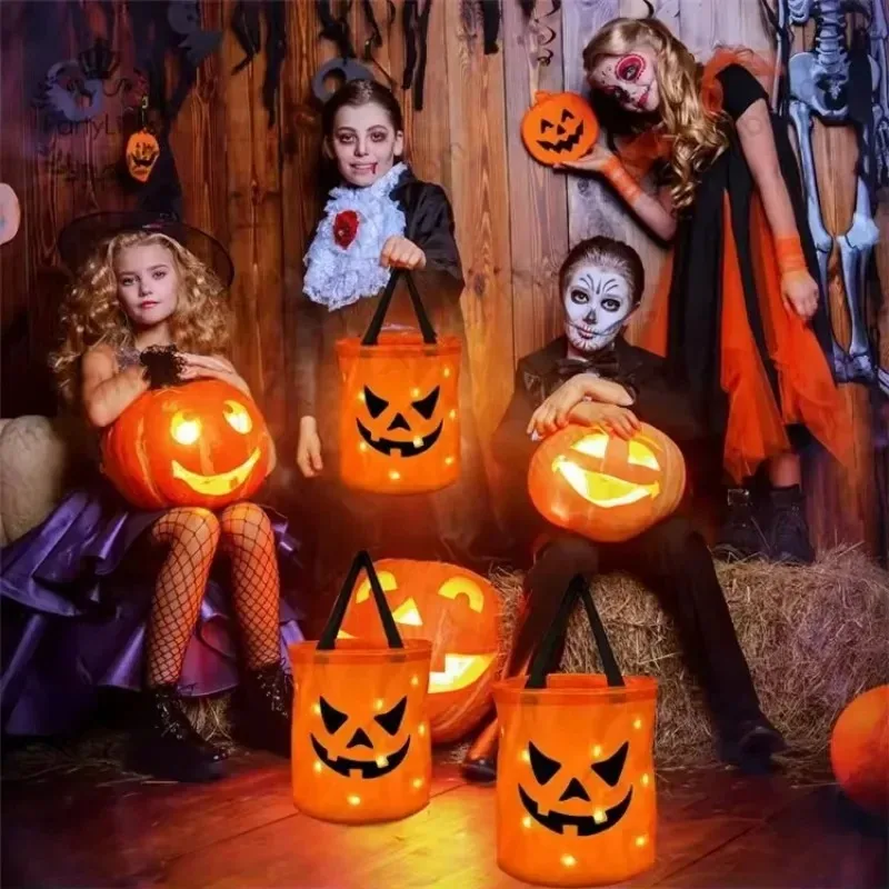 Orange Polyester Halloween Pumpkin Light Up Candy Tote Bag for Kids