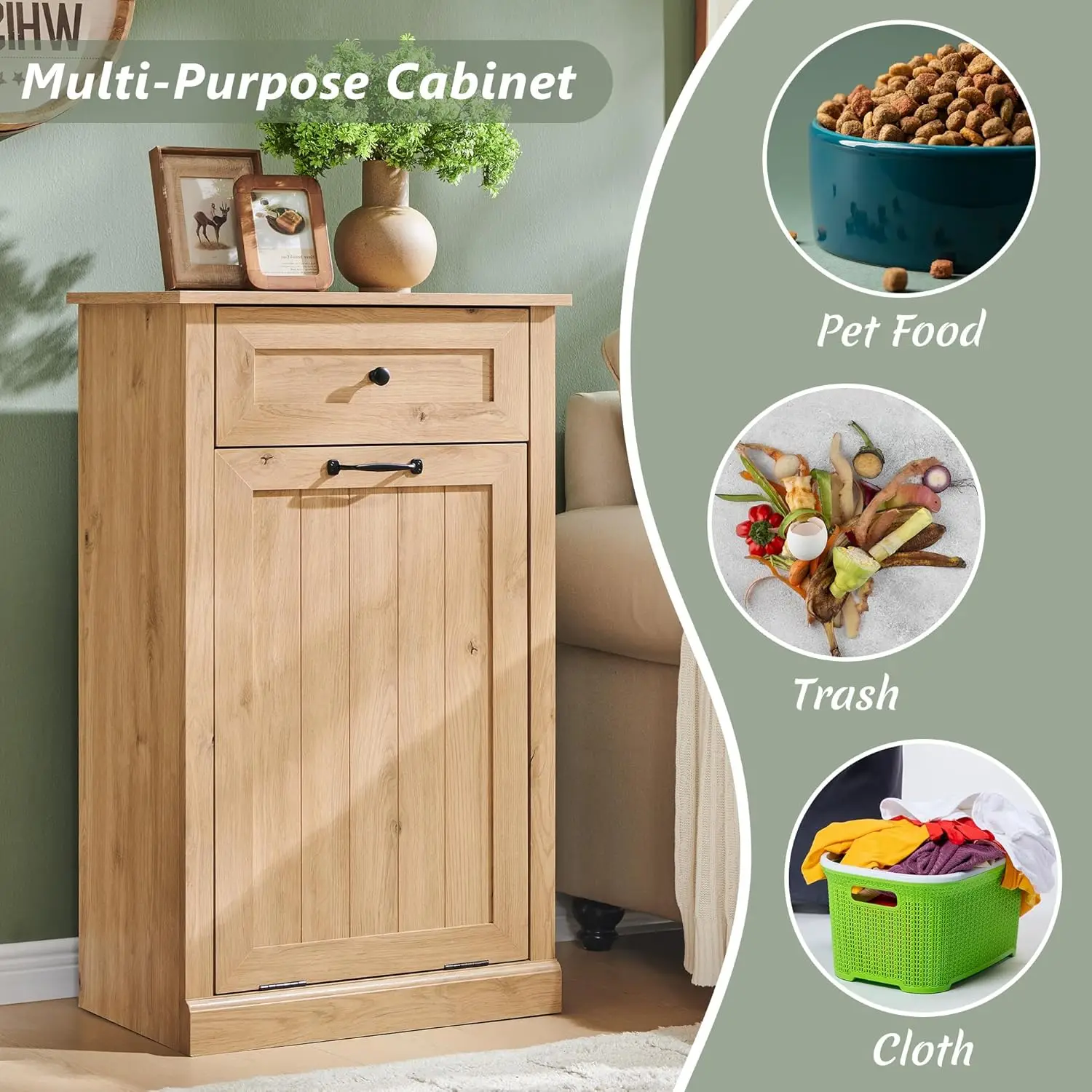Tilt Out Trash Can Cabinet, 10 Gallon Farmhouse Laundry Hamper Cabinet with Drawer, Hidden Wooden Trash Garbage Can Bin with Sto