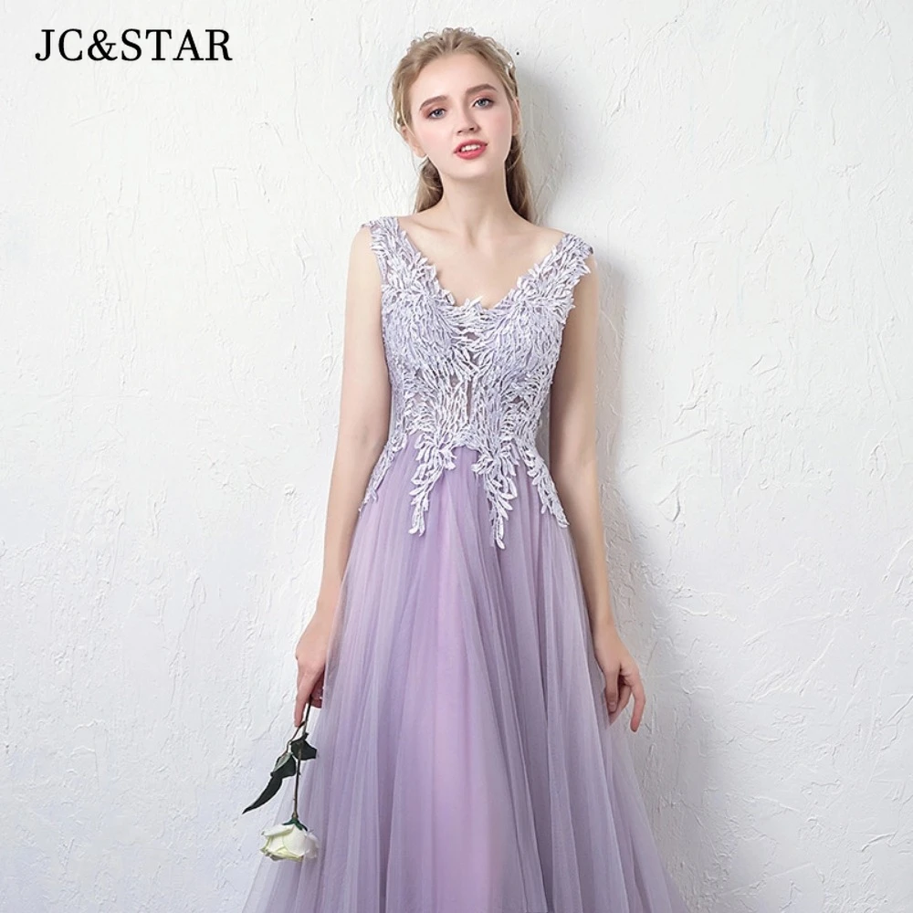 Lavender Tulle Applique Bridesmaid Dress Long V-neck Backless Elegant Evening Party Gowns A Line Graduation Dress Made