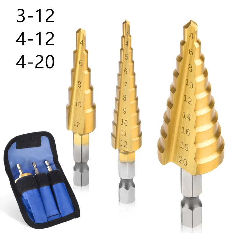 3Pcs Wood Hole Cutter Cone Drill HSS Titanium Coated Step Drill Bit Drilling Tools Metal High Speed Steel  3-12mm 4-12mm 4-20mm