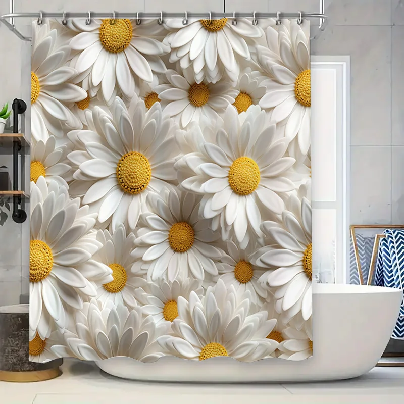 White Daisy Shower Curtain 3D Flowers Printed Home Decor Waterproof Bathing Rug Cover for Bathroom Decoration White Yellow Flowe