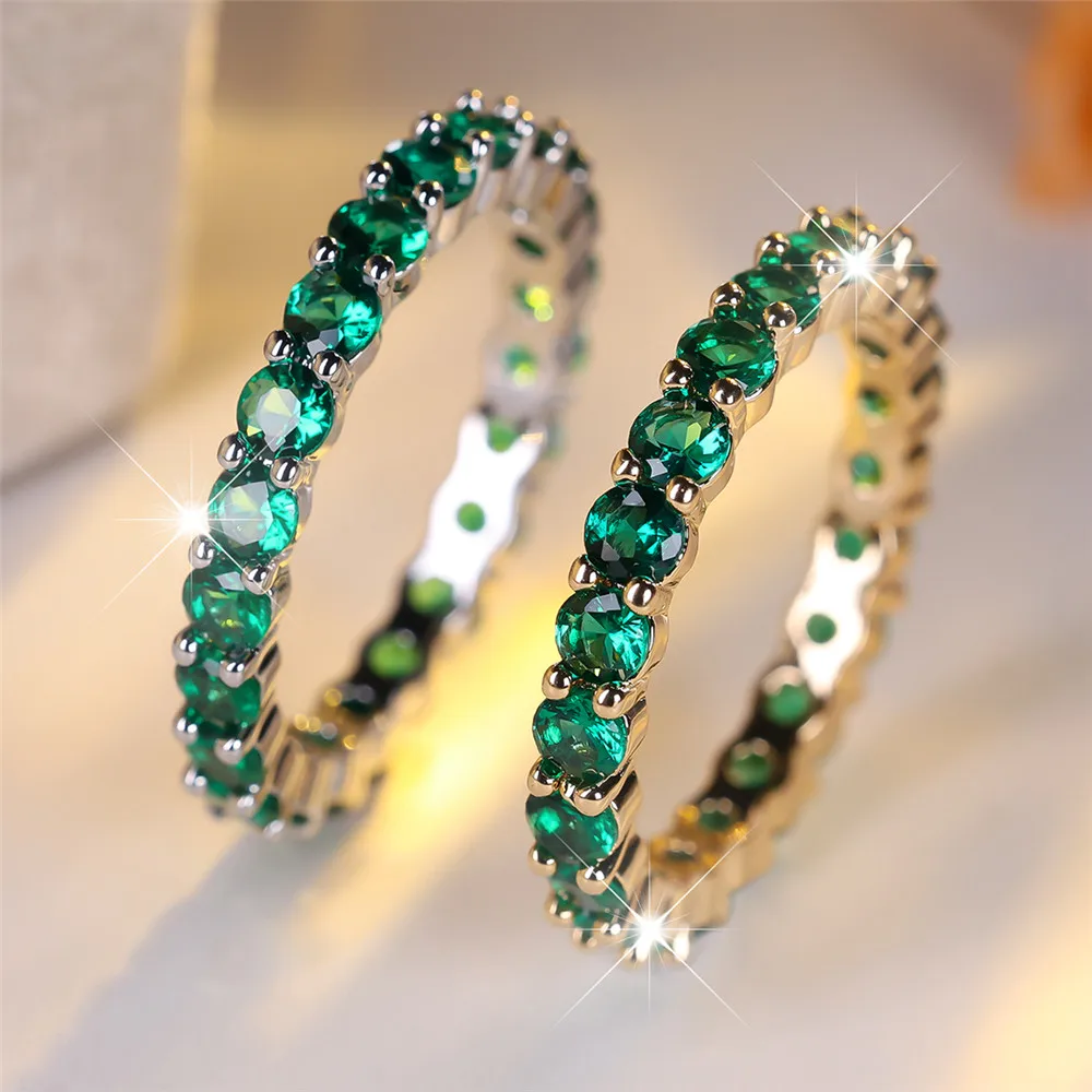 Single Row Green Crystal Small Round Stone Rings For Women Vintage Trendy Gold Color Wedding Band Bridal Jewelry Engagement Gift