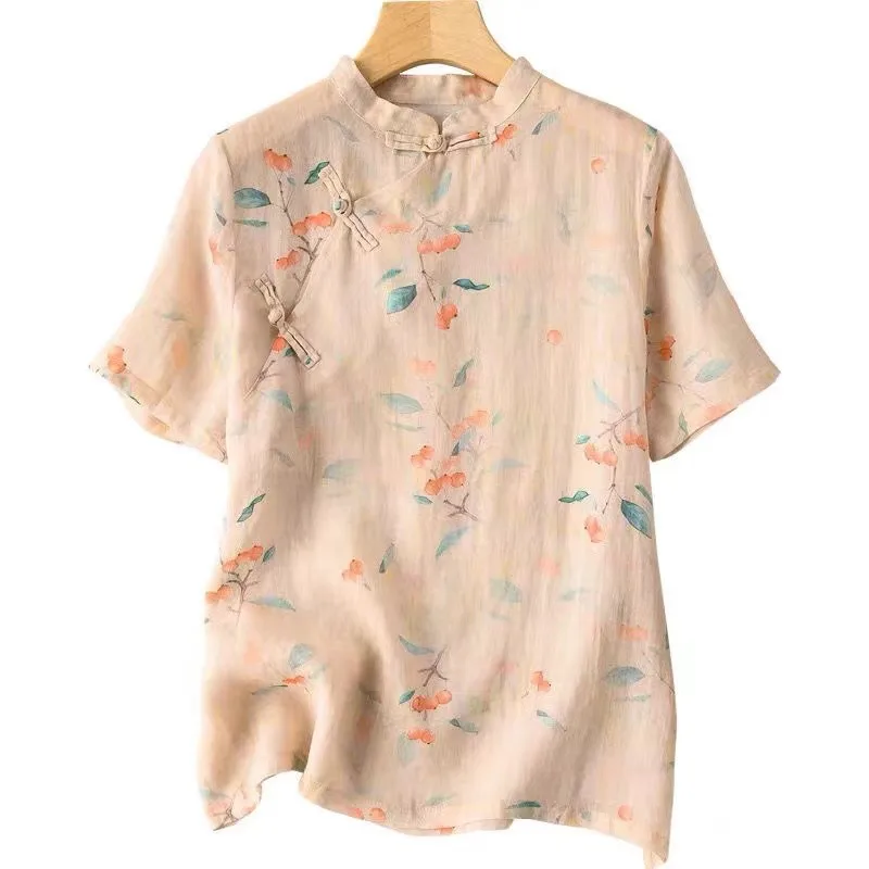 Stand Collar Retro Buckle Floral Print Cheongsam Top Women Summer Short Sleeve Vintage Chinese Style Blouses Ladies Loose Shirt