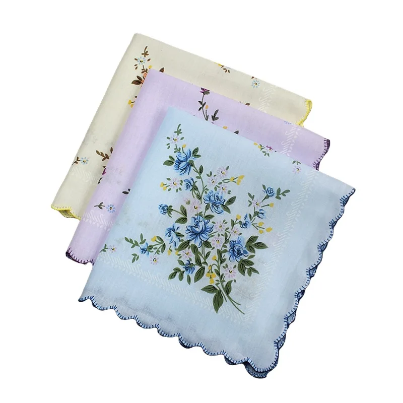 

3pcs/ot Cotton Handkerchief White Bottom Refreshing Ladies Handkerchief Small Floral Crescent Edge Casual Chest Scarf