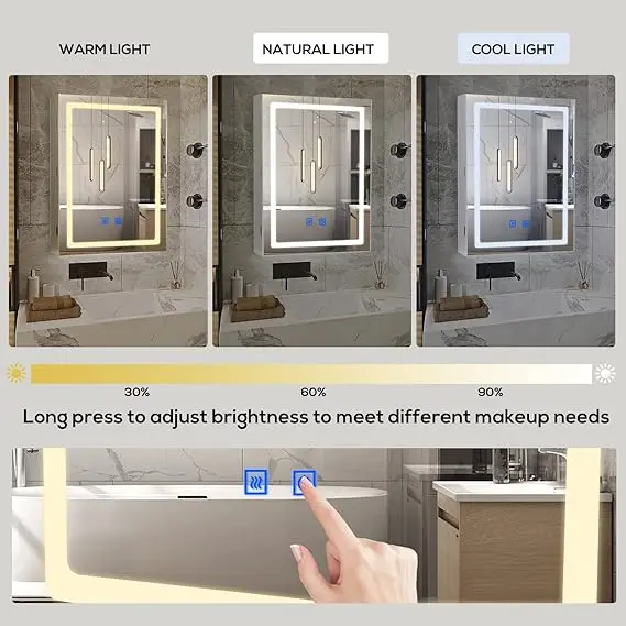 VOWNER Armario de Baño, Espejo de baño LED, Muebles de Baño, Armario Pared  con Luz LED, Antivaho, Dimmable, Espejo de Luz con Enchufe, Regulación de