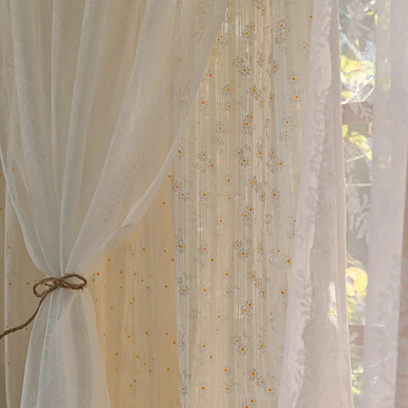 OQ5M Wholesale Double Layer French Vintage Curtains American Rustic White Lace Gauze Curtains Princess Wind Balcony Floating 4