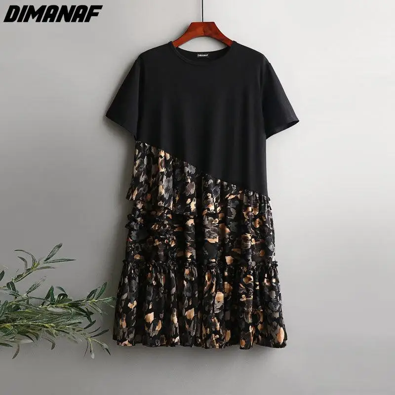 

DIMANAF Women Dress Summer Sundress Flower Print Cotton Chiffon Spliced Black Loose Oversized Lady Beach Dress 2024