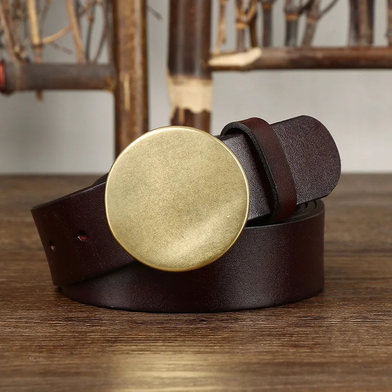 3.3 Wide Pure Cowhide Genuine Leather for Men's High Quality Jeans Smooth Round Buckle Brass Buckle Belts Cowboy Waistband Male