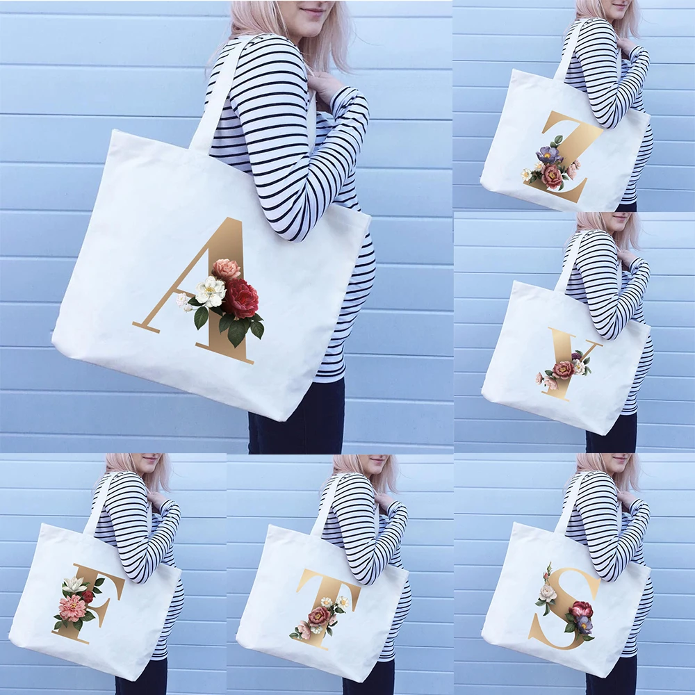 

Gold Letters Rose Flower Fashion Shoulder Bag Causal Zipper Shopping Bags Canvas Portable Shopper Pouch Tote Bags for Women