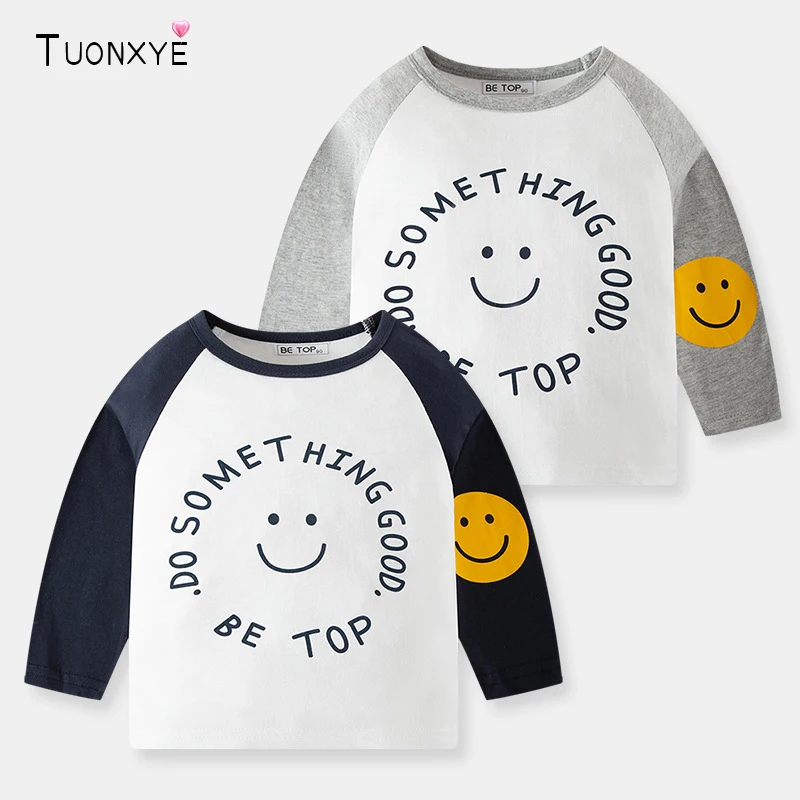 

TUONXYE Korean Boys Long Sleeve T-shirt Cartoon Letter Smile Knitting Breathable Soft Grade A Casual Cotton Baby Sport Clothes
