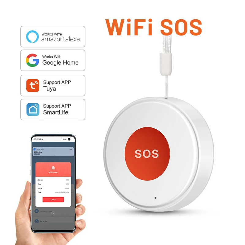 WiFi Tuya SOS Button Health Alert Systems Personal Alarm Security Waterproof with Drawstring for Disabled Older Child