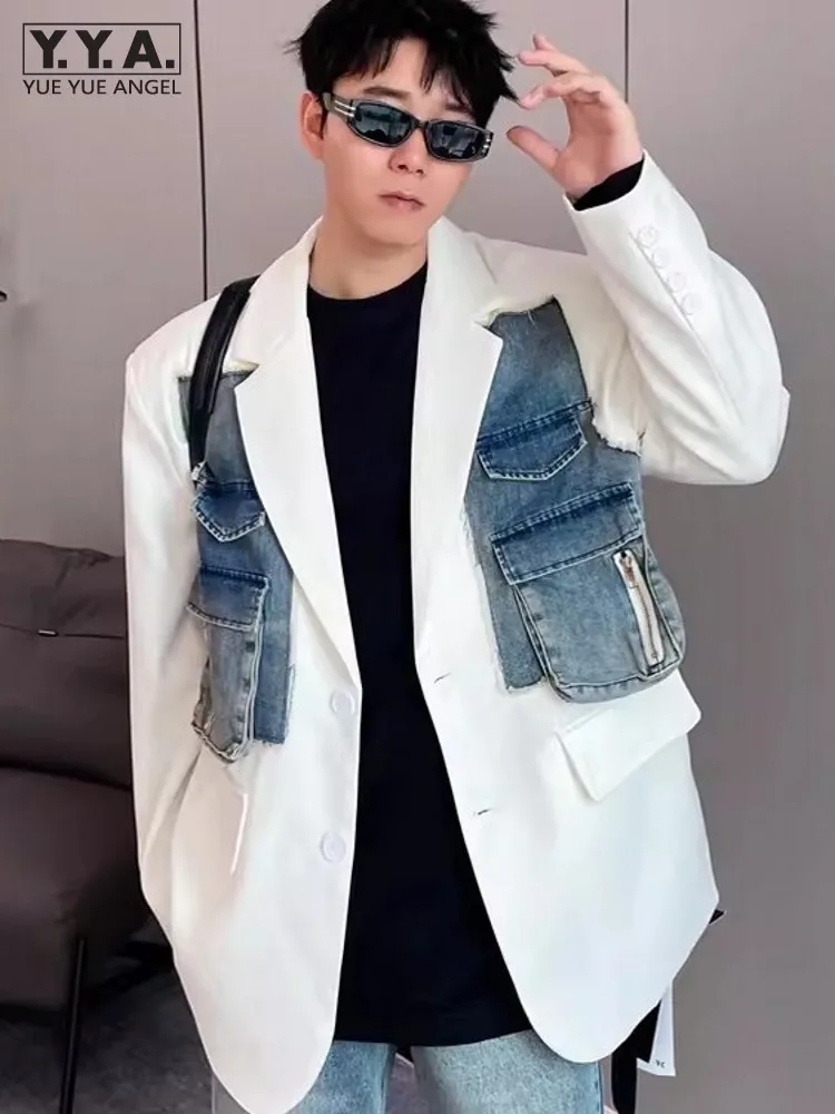 Mens Denim Spliced Casual Blazer Loose Fit Single Breasted Party Suit Coat Spring Designer Shoulder Pad Business Work Blazers
