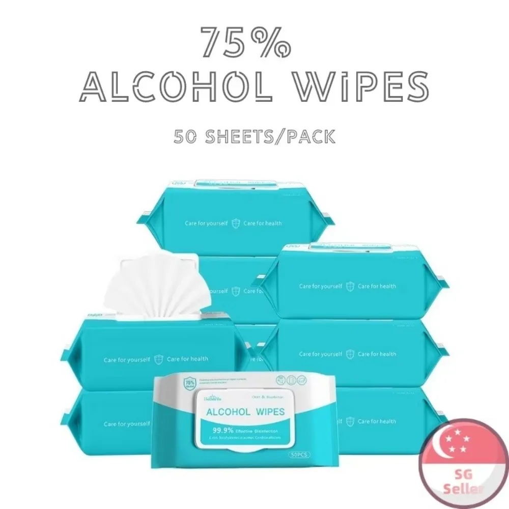 50 PCS 75% Alcohol Wipes Portable Sanitizing Solution 99.99% Effective Disinfection Antiviral Protection for On-The-Go Use alcohol cleaning wipes