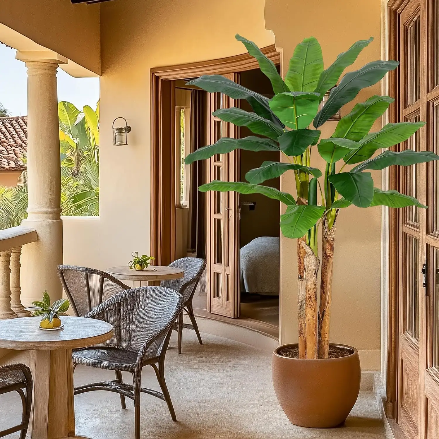 Künstlicher Bananenbaum 150cm Künstliche Bananenblätter mit Grauem Übertopf Künstliche Pflanze für Innen- und Außendekoration – Detail 14
