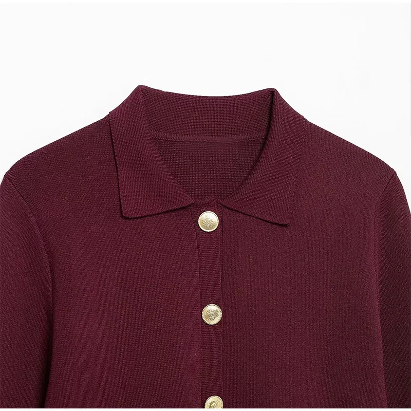 _ Women Skirts 2 Piece Set Burgundy Knitted Lapel Long Sleeve Button Cardigans Pleat High Waist A-line Skirt 2025 Lady Outfits