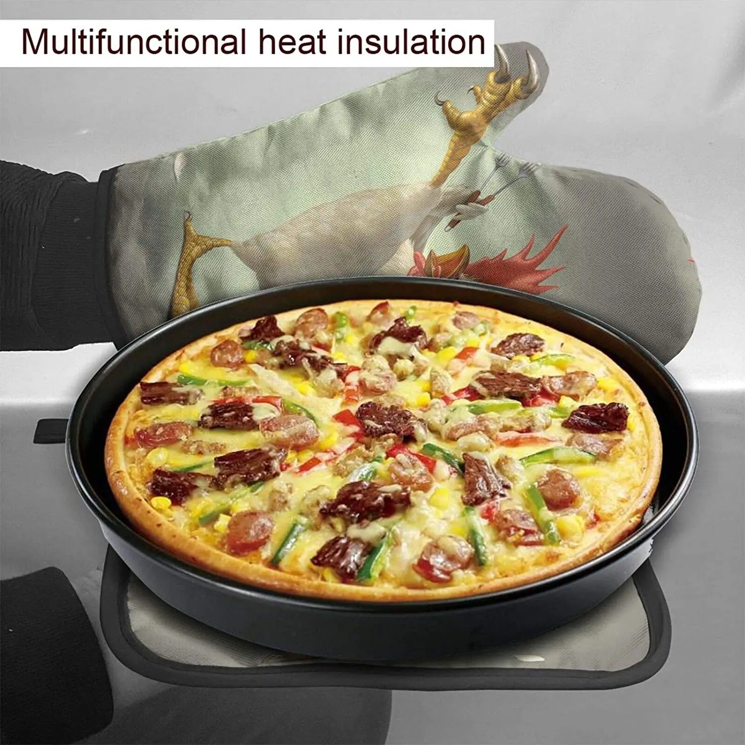 Funny Chicken Oven Mitts and Pot Holders Sets Heat Resistant Kitchen Non-Slip Printed Grip Oven Gloves for Microwave BBQ Cooking
