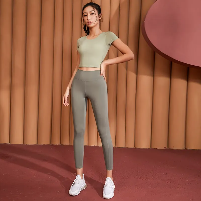 Sexy Hollow Back Short Sleeve Women Sports Top Gym Fitness Yoga T-Shirts Running Sport Crop Tops Female Training Workout Shirt