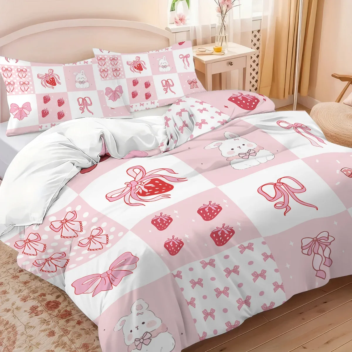 Pink rabbit bow bedding set strawberry print (1 set +2 pillowcases, no core), bedding, various size to meet different needs