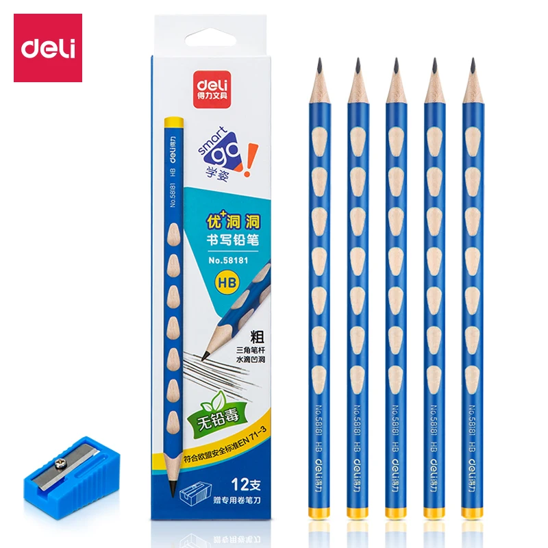 

12pcs/bag Deli 58181-HB Advanced Thick Triangle Pen Holder Drop Concave Hole Pencil, Posture correction pen, Student stationery