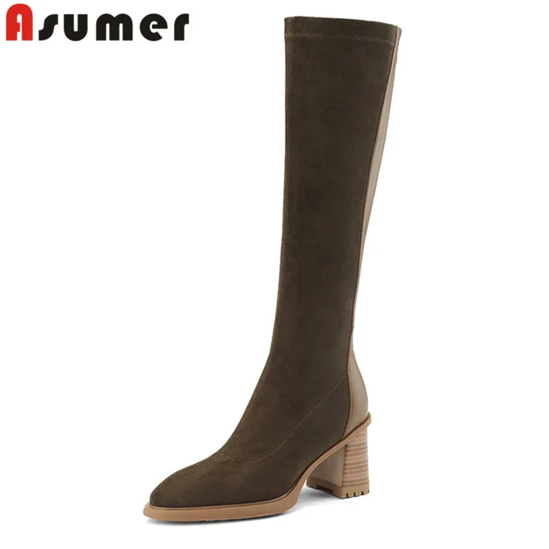 Asumer 2023 New Flock Zipper Women Boots Autumnwinter Ladies Knee High