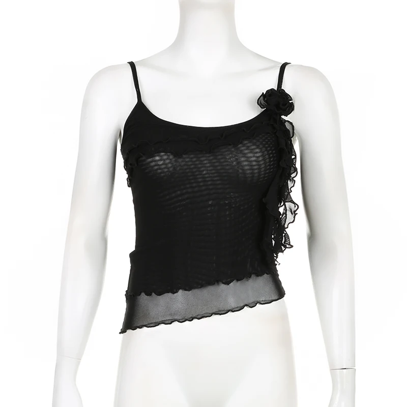 Top de tirantes con volantes de flores para mujer, elegante y sexy, a la moda, sin mangas, con dobladillo estético, camisetas de tirantes, conjuntos de verano para la calle