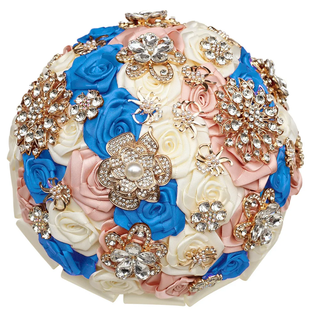 Kyunovia Brooch Jewelry Bouquet Luxury Bridal Bouquets with Crystal Rhinestone Sparkle Pearls Silk Rose for Wedding Quinceanera