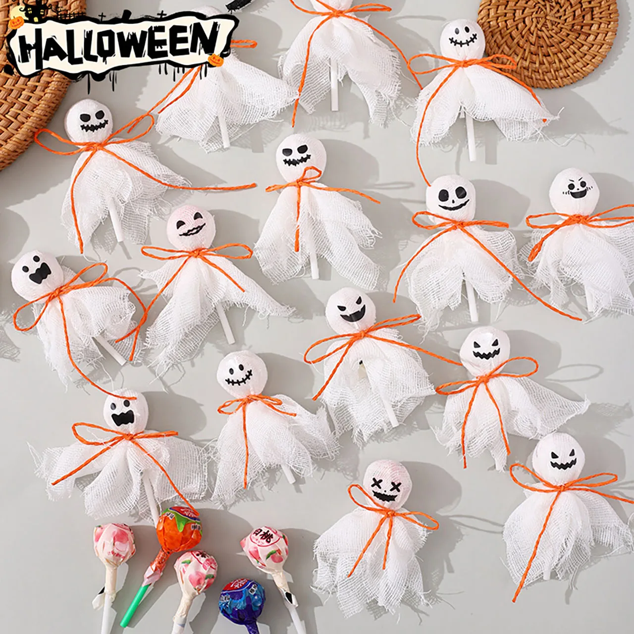 12Pcs Halloween Ghost Pumpkin Lollipop Decoration DIY Candy Packing Cloth with Sticker Decor Kids Gifts Halloween Party Supplies