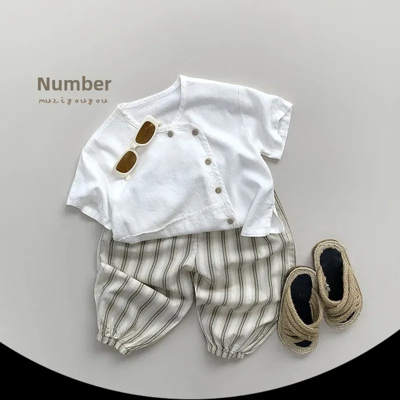 Cotton Linen Style Short Sleeve T-Shirt Children's Fashion Retro Wind Clothing for Boys And Girls Kids Personalized Korean Versi
