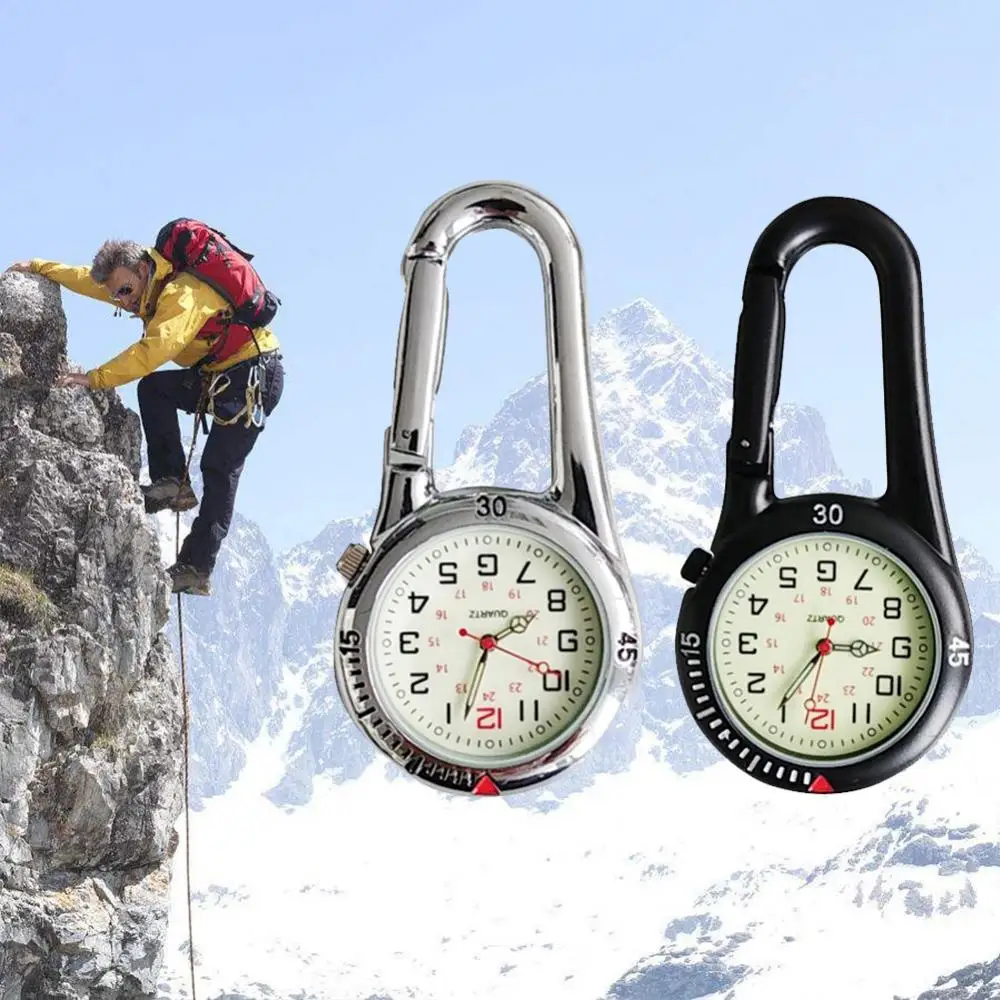 야외 미니 시계 라운드 다이얼 아랍어 숫자 석영 아날로그 클립 Carabiner 후크 시계 남성 여성 Fob 배낭 주머니 시계