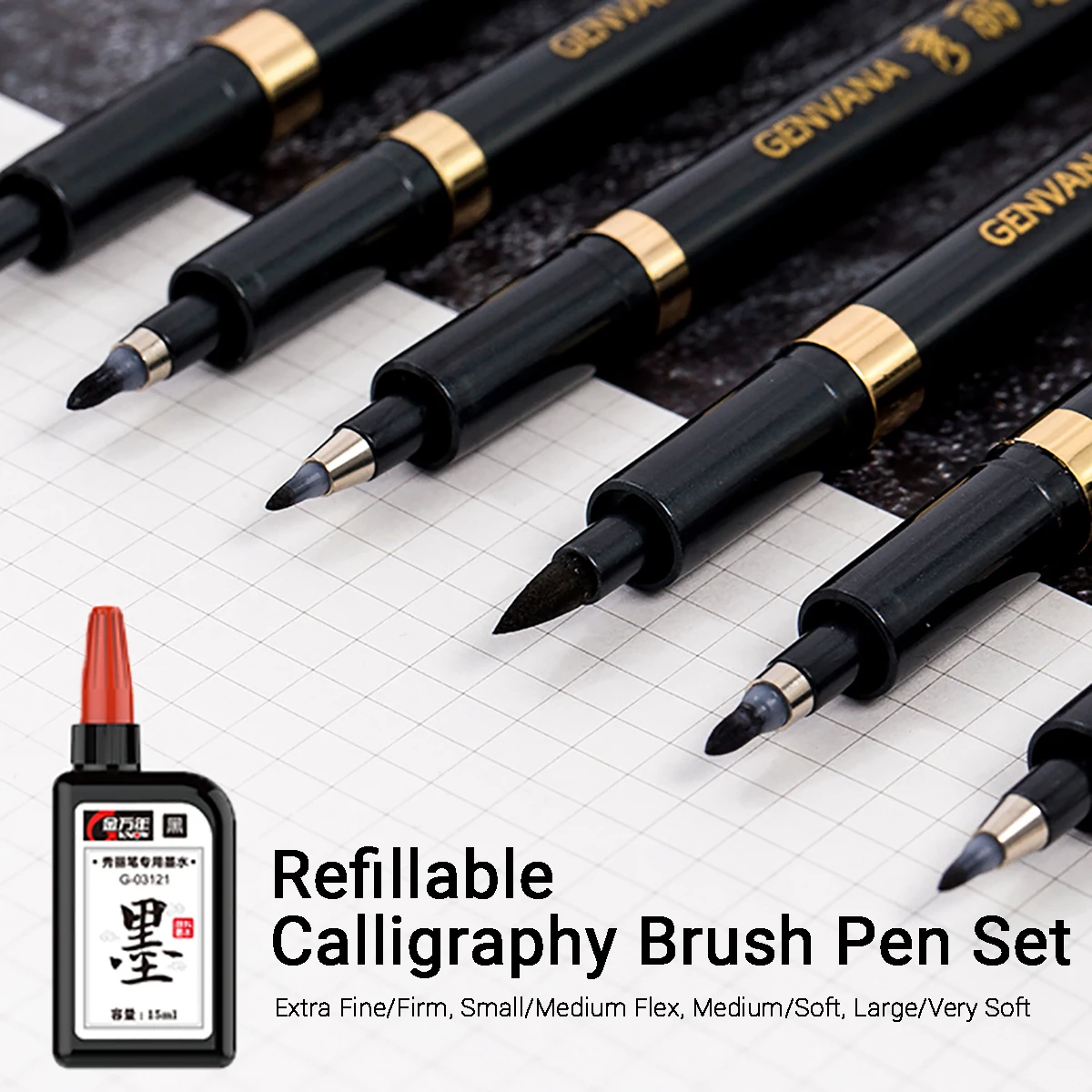Eco-Friendly Refillable Calligraphy Brush Pen Set with Black Ink for Artistic and Everyday Use