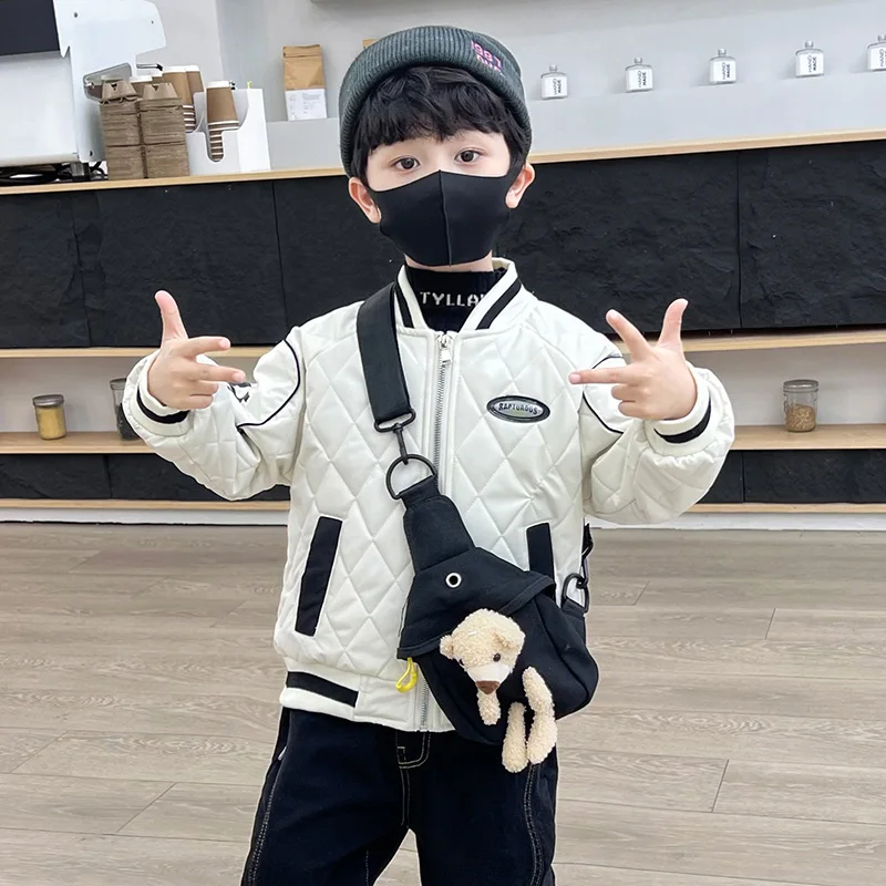 

New Winter Boys' Baseball Jersey Coat Children's Diamond Plaid Cotton Jacket Youth Teenage Style Parka 2-11Y
