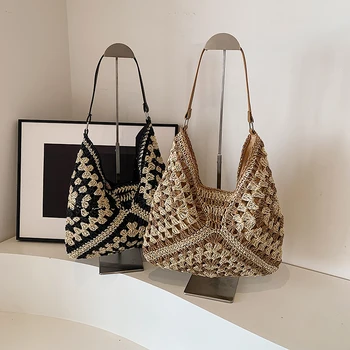 Straw Tote Bags for Women 2024 Summer Trend Large Size Woven Shoulder Messenger Bag Female Luxury Crochet Shopper Handbag Lady 1