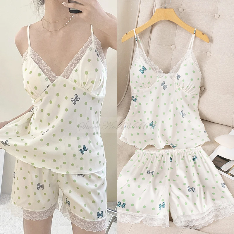 

Sexy Print Bow Lace Trim Nightwear Pajamas Set Summer Female Girls Chemise Sleepwear Suspender Pijamas Suit Satin Home Wear