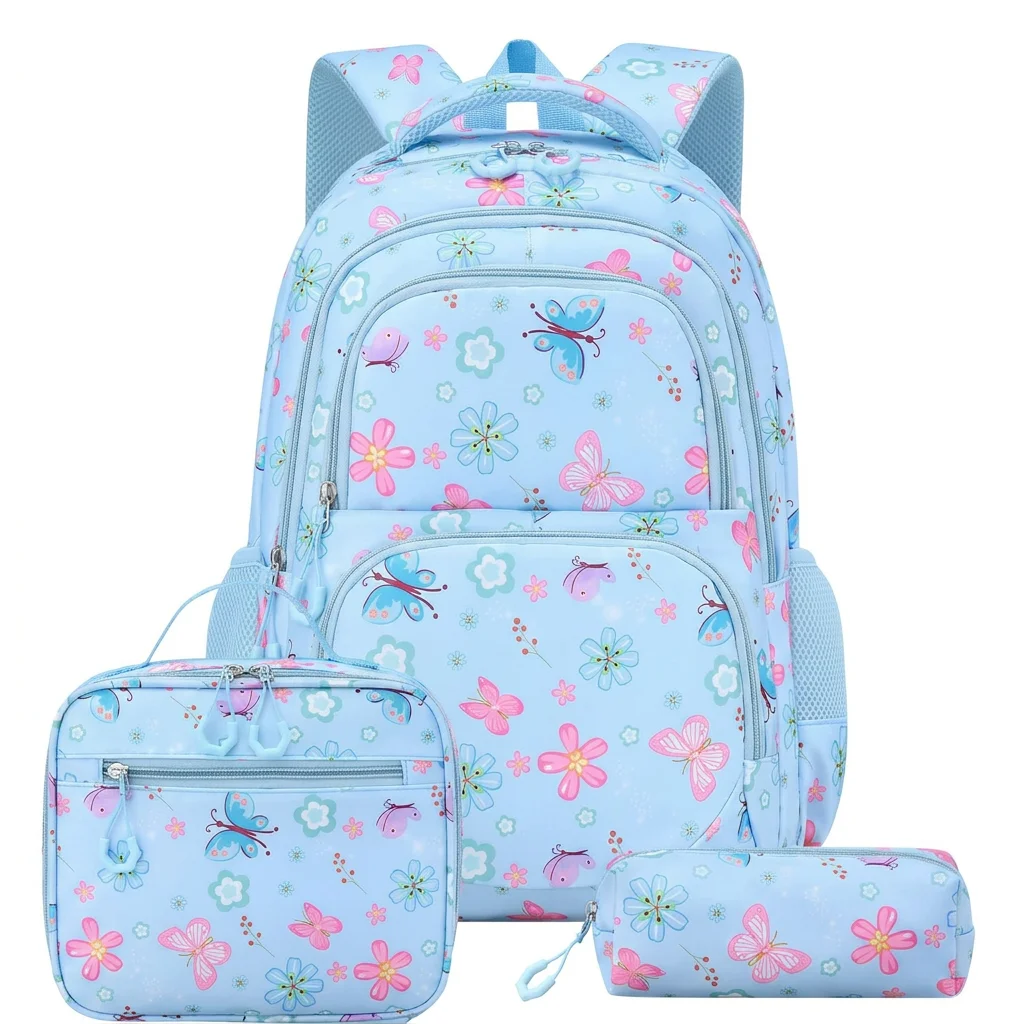 Butterfly Print Backpack Large Capacity Flower Print Backpack Kids School Bag Set Pressure-Relief System Insulated Lunch Bag 1