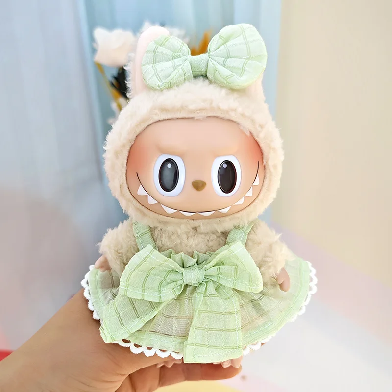 thumbnail image 1 of Ropa para muñecas Labubu de 17 cm con colgante de macarrón con latidos del corazón, camiseta con botones, pantalones con tirantes, ropa de repuesto, regalo para niños, 1 of 5