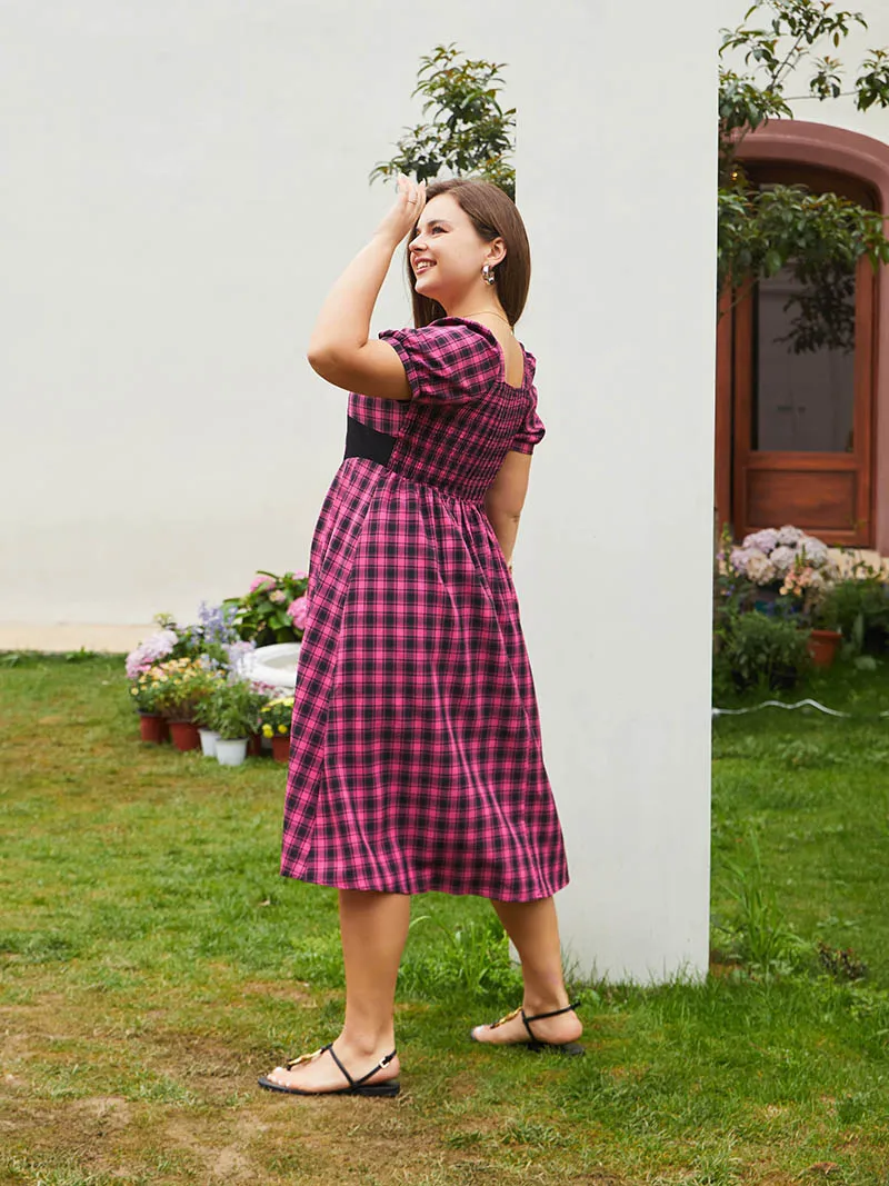 Cute Plus Size Women Clothing Dresses Elegant Short Sleeve Pink Plaid Midi Dresses Boho Plus Size Long Women Summer Dresses 2023