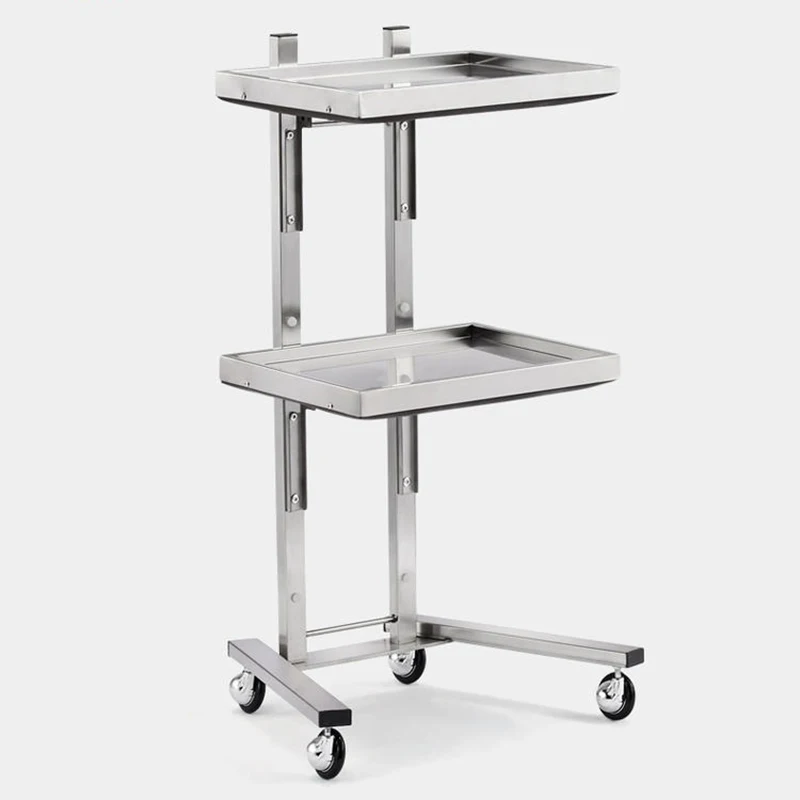 Hot selling silver stainless steel hair salon trolley metal 2 tier beauty salon tool car with wheels