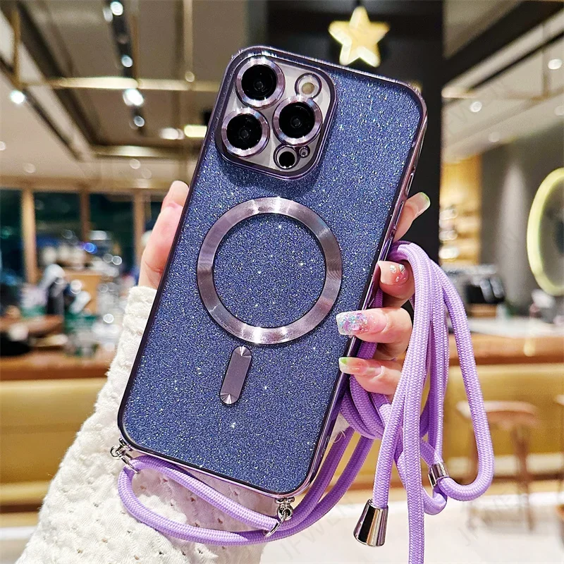 Sparkling Crossbody Lanyard Magnetic Phone Case with Electroplated Soft TPU Back Cover