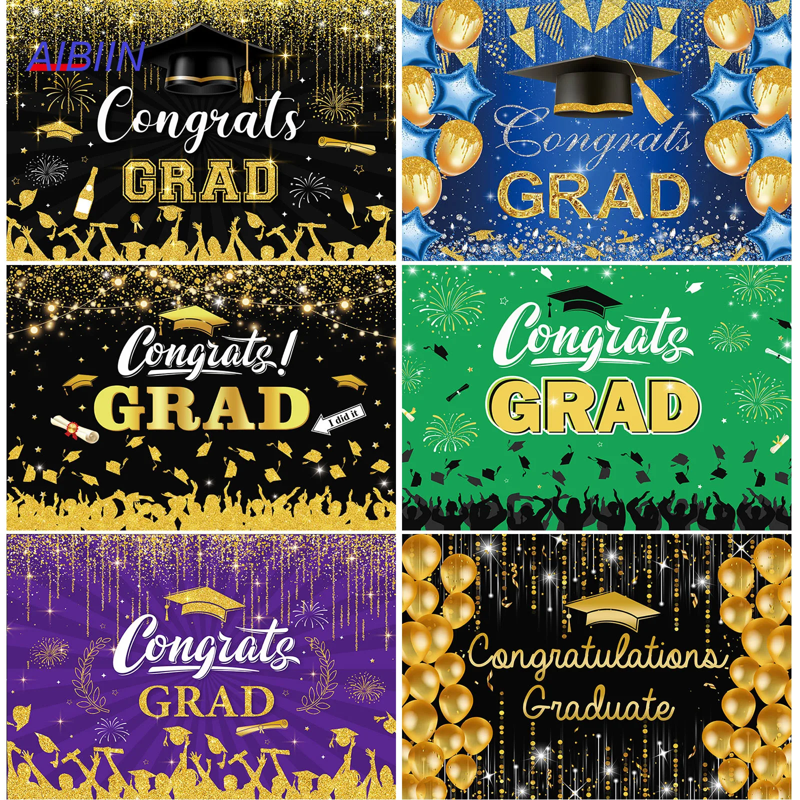 

AIBIIN Congrats Grad Backdrops Blue Gold Purple Graduation Party Decorations Photography Background Prom Celebration Photozone