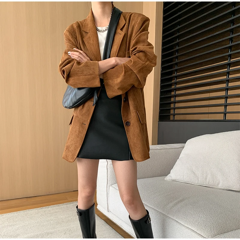 Casual Suede Long Sleeve Jackets Women Autumn Loose Brown Lapel Coat Top With Pockets Female Elegant Chic Street New in Outwear