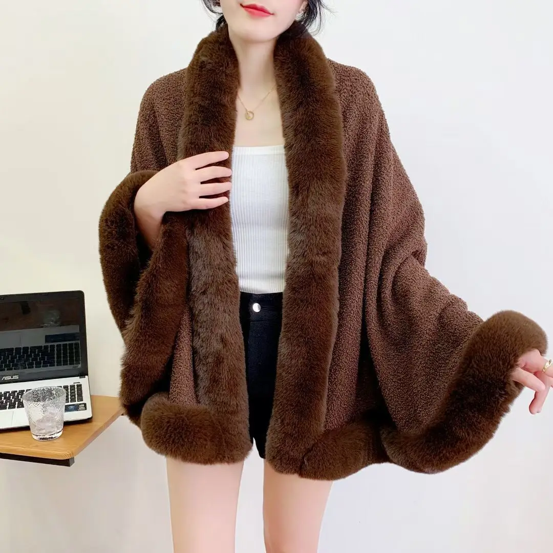 

6 Colors Women Black Winter Faux Fur Collar Poncho Thick Warm Loose Outstreet Teddy Velvet Cloak Big Pendulum Shawl Coat