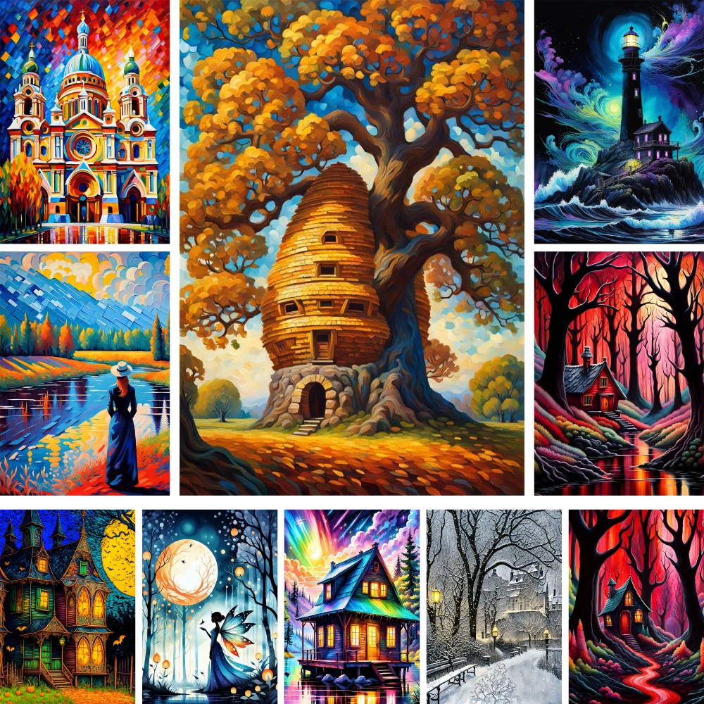 Dream House Landschaft Gedruckt 11CT Kreuzstich Stickerei Set Handarbeiten Stricken Hobby Malerei Großhandel Verschiedene Verpackung – Detail 10